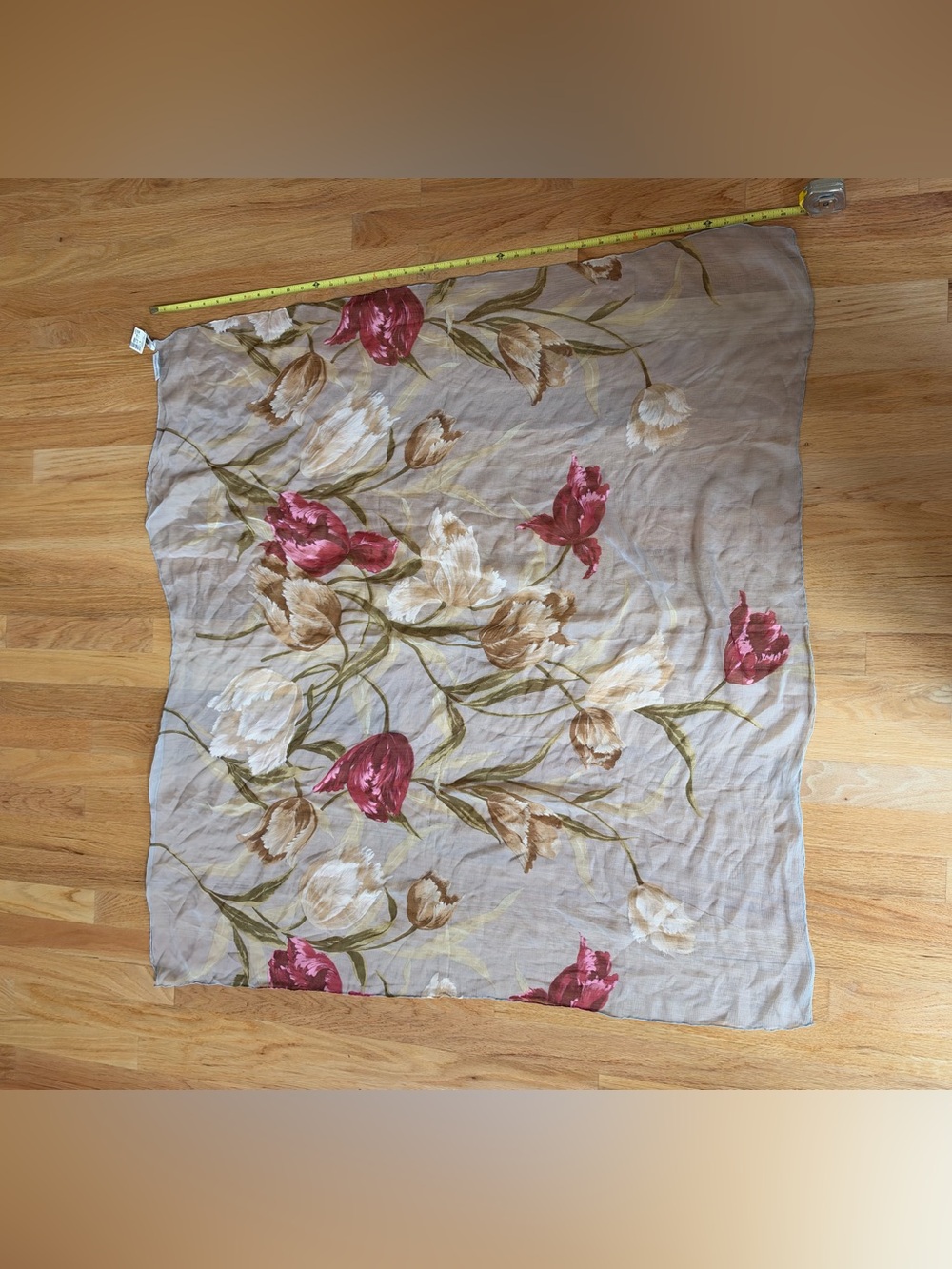 1980s/90s Saks Fifth Avenue Floral Silk Scarf in Gray & Pink 100% silk
